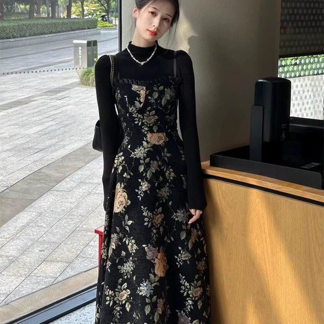 高端复古气质碎花吊带裙洋气一整套小香风轻奢连衣裙秋冬两件套女