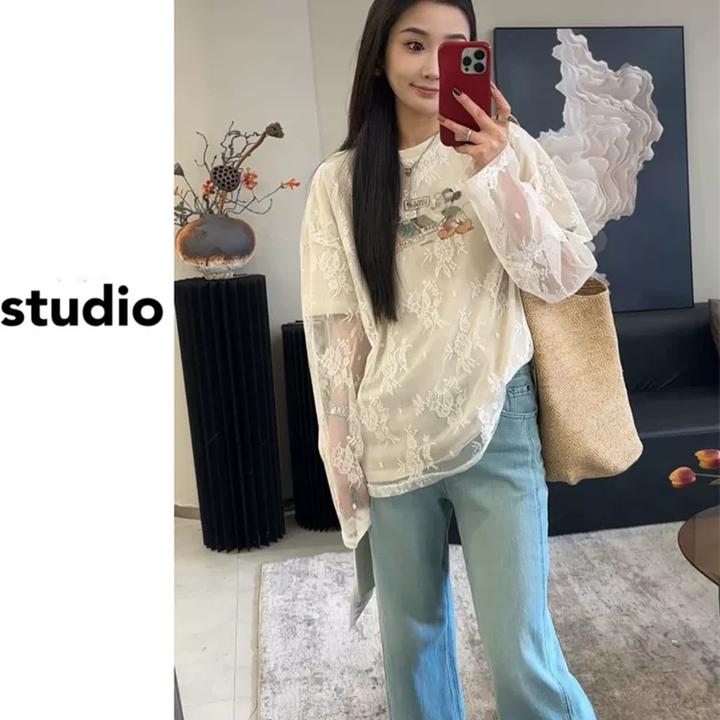 蕾丝拼接卡通图案小众上衣女2025春季新款洋气T恤别致超好看小衫