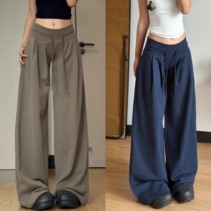 美式高腰抽绳阔腿裤女秋冬加绒加厚垂感弯刀休闲裤