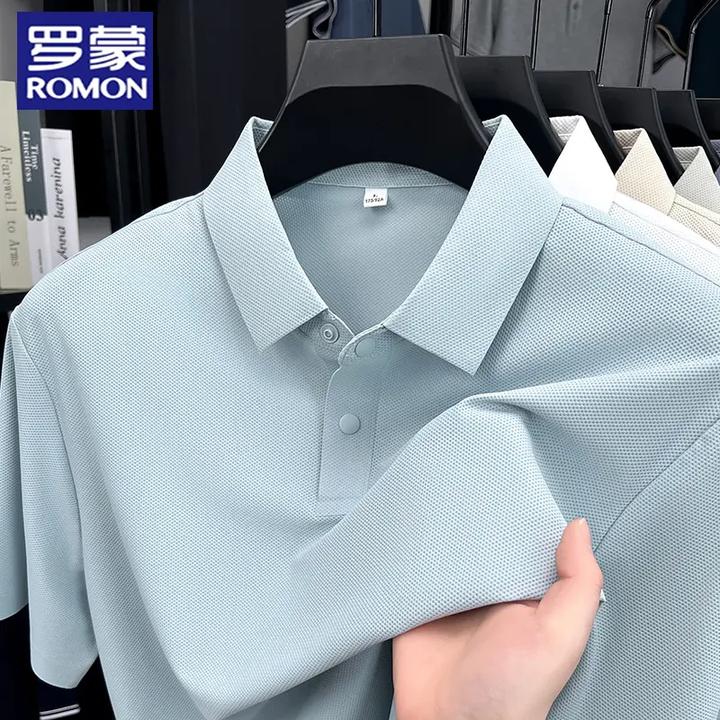 罗蒙夏季新款男士时尚短袖T恤衫宽松透气薄款无痕翻领冰丝Polo衫