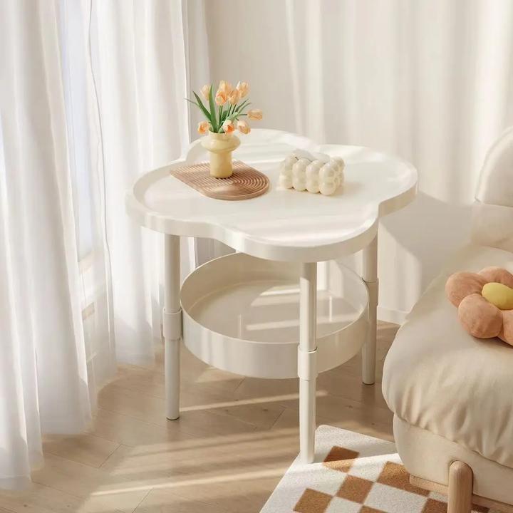 创意边几四叶草茶几简约双层圆形桌客厅移动置物架奶油风沙发边柜
