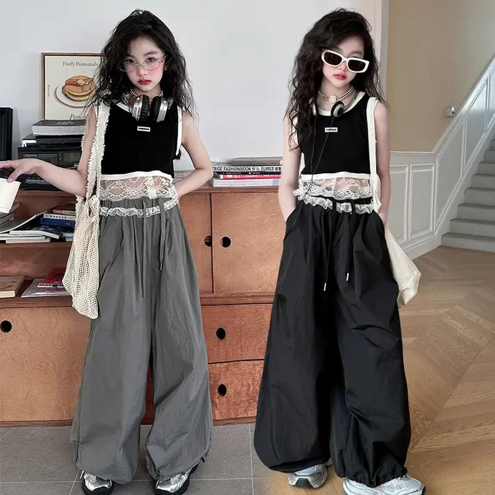 女童2025夏季儿童潮露脐美背长袖上衣大童花边裤两件套工装裤套装