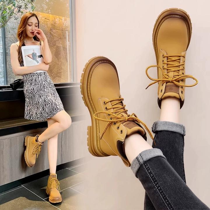 香港真皮大黄蜂马丁靴女2024秋冬新款加绒厚底大黄靴英伦风短靴子