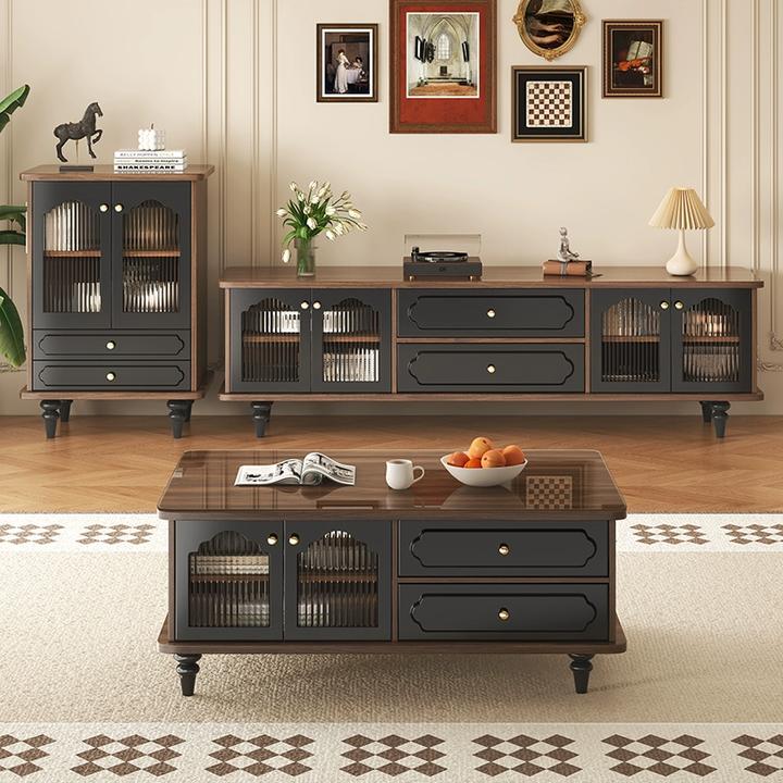 中古风实木电视柜客厅家用落地收纳储物柜一体小户型茶几电视机柜