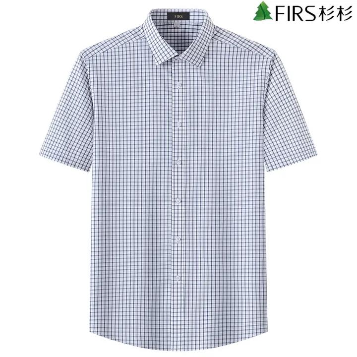 【100支液氨免烫】杉杉男士夏季格子短袖衬衫中老年薄款正装衬衣男