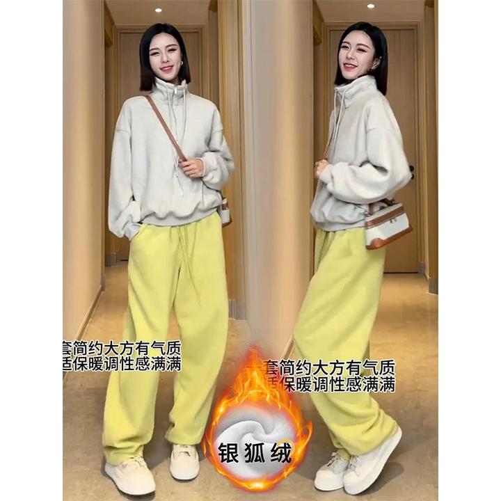 休闲运动套装女春季新款气质时尚洋气宽松加绒卫衣阔腿裤两件套潮
