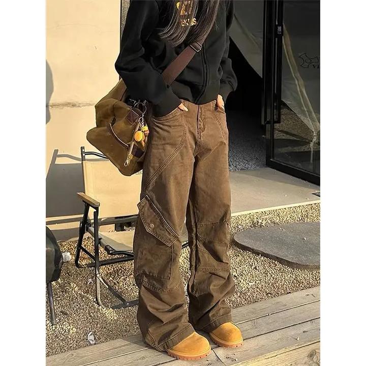 美式复古多口袋工装裤男春秋水洗潮牌宽松设计感直筒显瘦微喇长裤