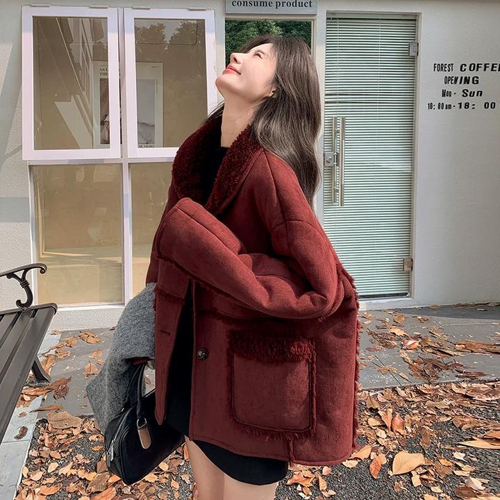 安可拉红韩版复古氛围感舒适毛外套女秋冬新款慵懒风皮毛一体
