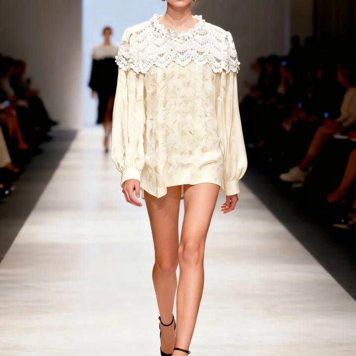 新款女圆领拼接蕾丝气质长袖上衣衬衫