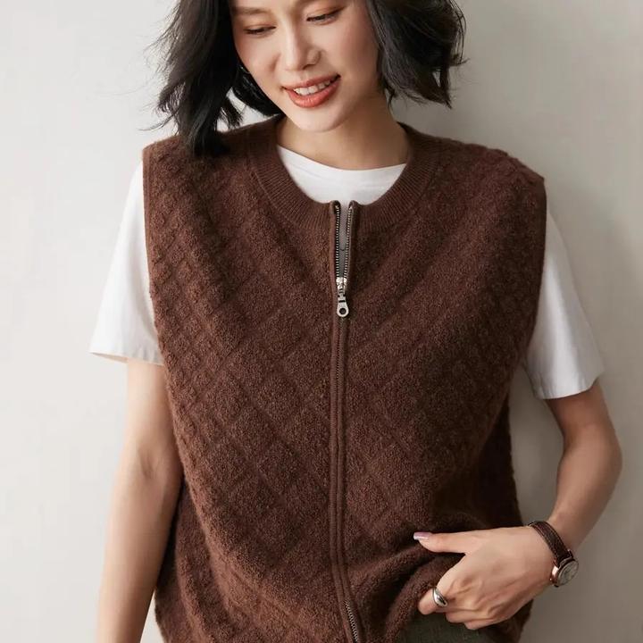 秋冬新款菱形格纹宽松叠穿双拉链圆领开襟羊绒针织马甲外套