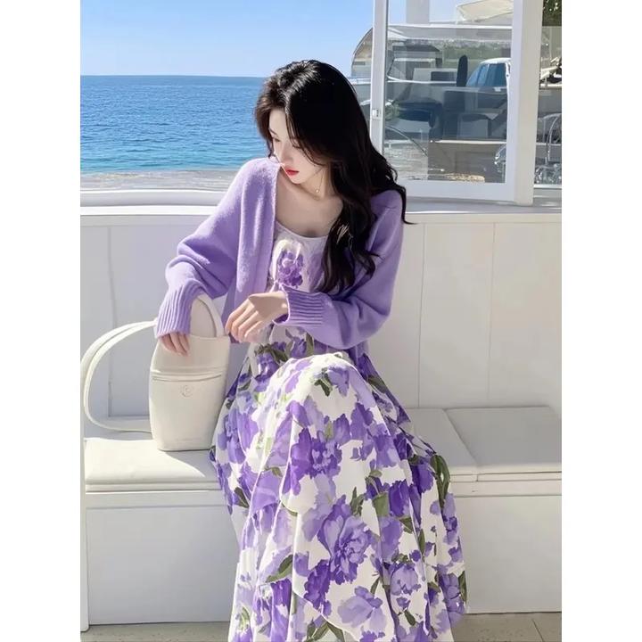 2025春季新款韩系穿搭高级感紫色针织开衫碎花连衣裙显瘦两件套女