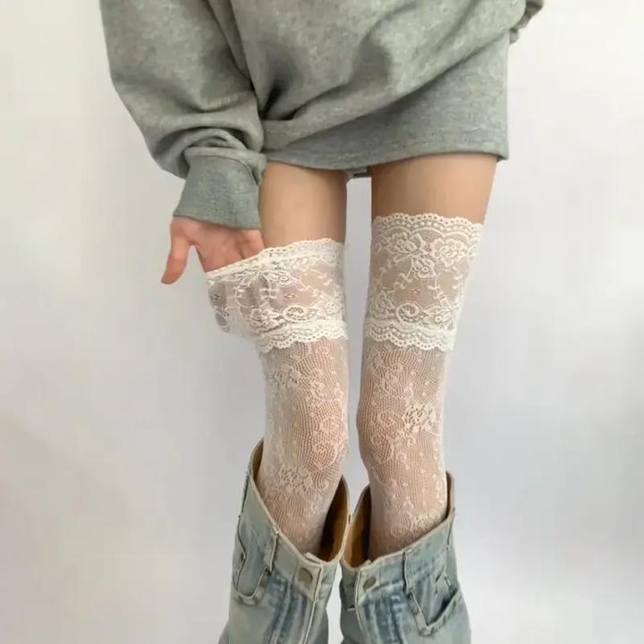 性感蕾丝花纹丝袜镂空长筒袜白色过膝渔网袜女白丝夏季薄款丝袜