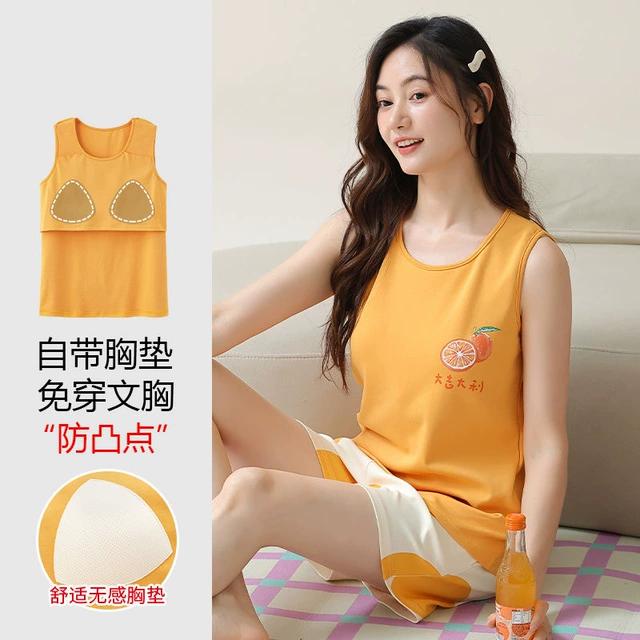 睡衣女士夏季薄款莫代尔棉带胸垫一体无袖背心短裤休闲家居服套装