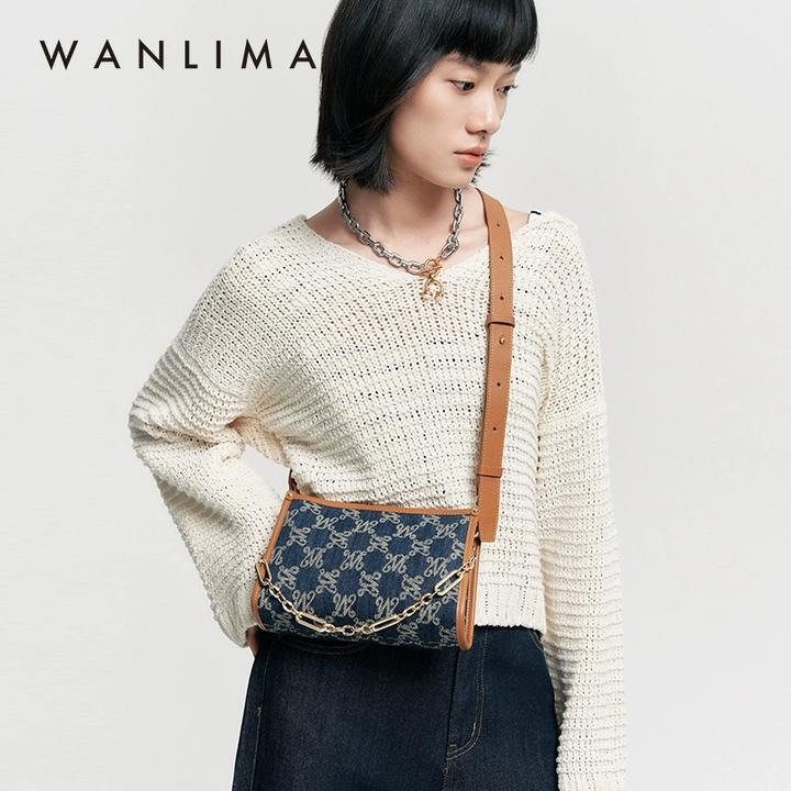 万里马丹宁小方包潮流牛仔斜挎包复古独特W纹单肩包包