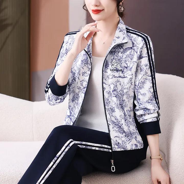 休闲时尚大码开衫春季新款立领球服宽松长袖显瘦外套休闲运动套装