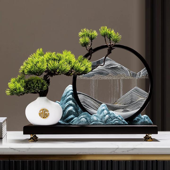 创意迎客松流沙画摆件新中式客厅玄关办公室轻奢高档茶室软装饰品