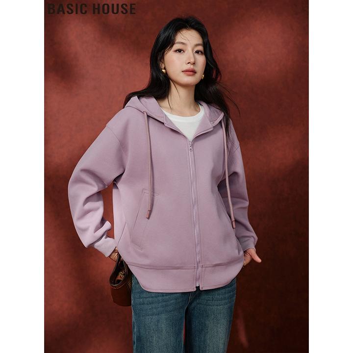 Basic House/百家好紫色宽松休闲连帽卫衣拉链开衫外套女2025秋冬