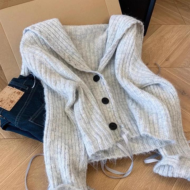 慵懒风设计感飘带大翻领针织开衫女秋冬宽松软糯百搭长袖毛衣外套