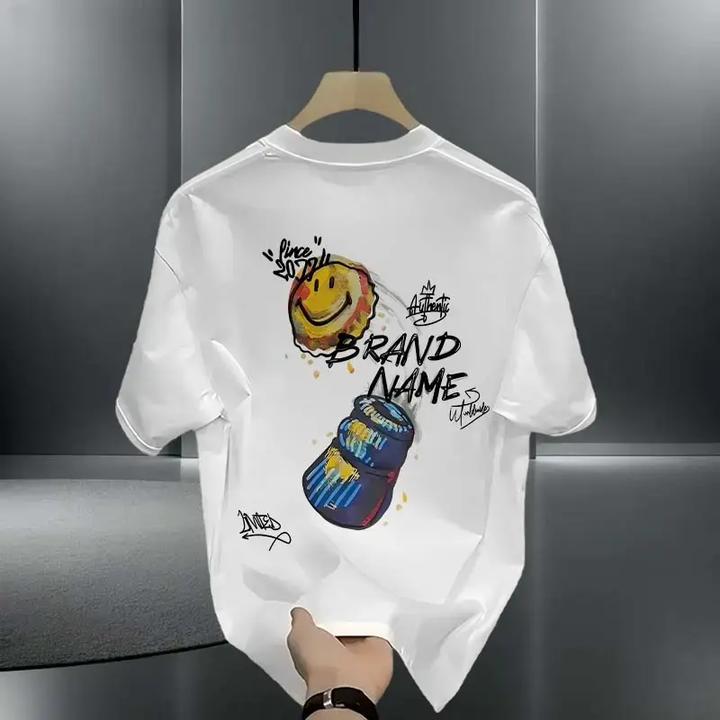 2025新款潮牌男士纯棉白T恤圆领上衣印花时尚宽松短袖打底衫夏季