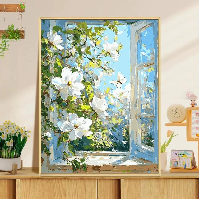 玉兰花数字油画diy填充填色手工绘花卉风景丙烯油彩画装饰画挂画