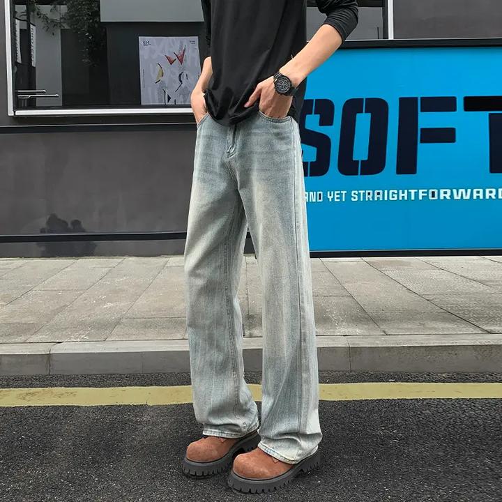 蓝色水洗做旧闪电纹牛仔裤男春秋日系复古潮牌高级感大码直筒裤子