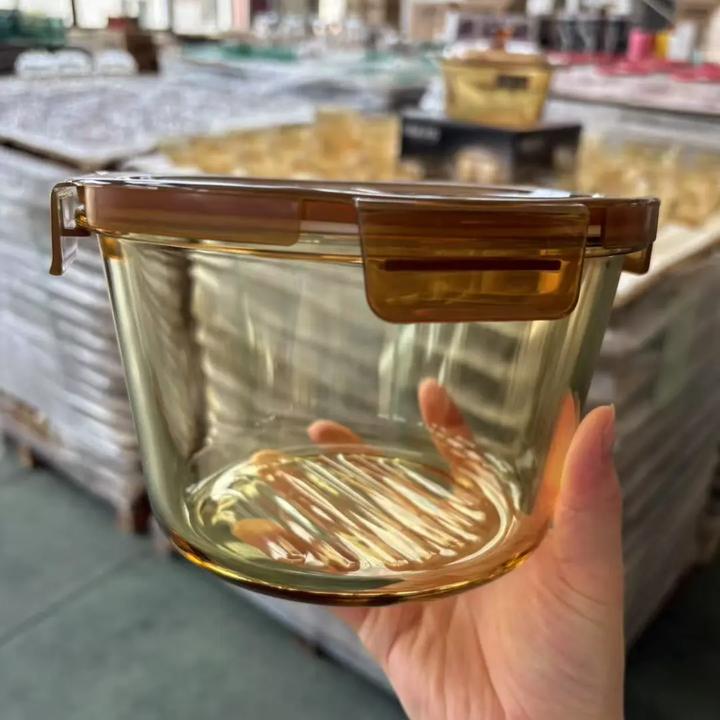琥珀色原色高硼硅玻璃圆形保鲜盒家用大容量储物泡菜密封盒H834