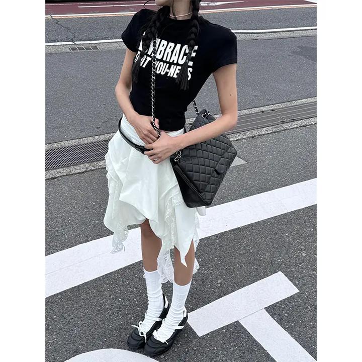 2025时尚穿搭女士夏季美式印花圆领短款上衣高腰不规则百搭半身裙