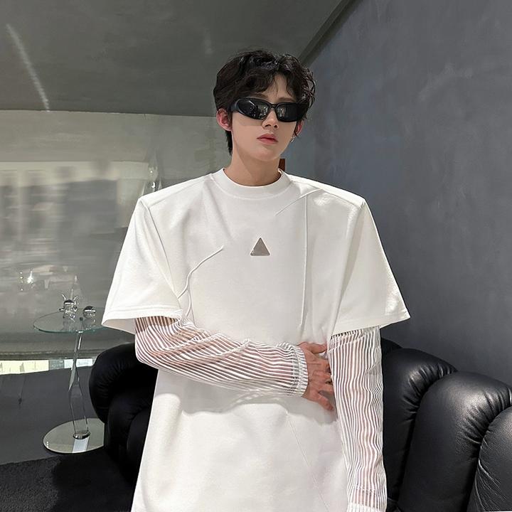 cleanfit短袖t恤垫肩长袖网纹拼接小众解构设计短袖T恤宽松百搭潮