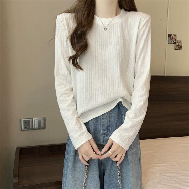 微胖妹妹大码2025春季新款坑条内搭长袖针织打底衫女宽松遮肚上衣