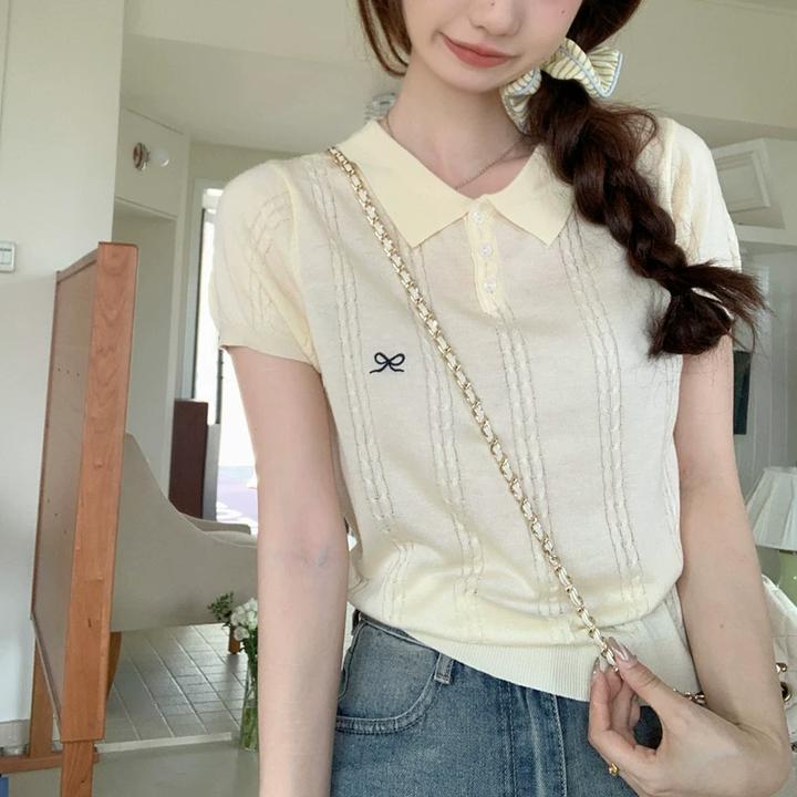 学院风Polo领短袖麻花针织衫女夏季新款蝴蝶结绣花设计感半袖上衣