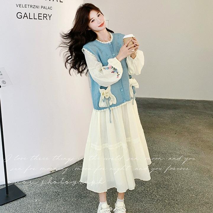 2C021-B18刺绣点点裙蓝色花针织马甲两件套甜美春装新款2025学院