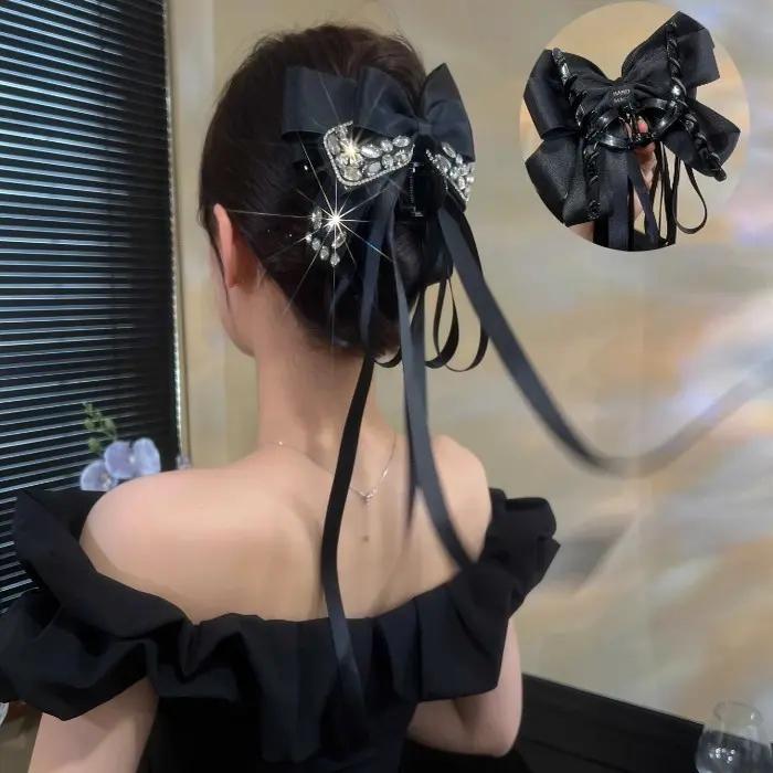 2025秋冬新款贵气精致水钻蝴蝶结飘带抓夹女头饰饱满后脑勺发夹