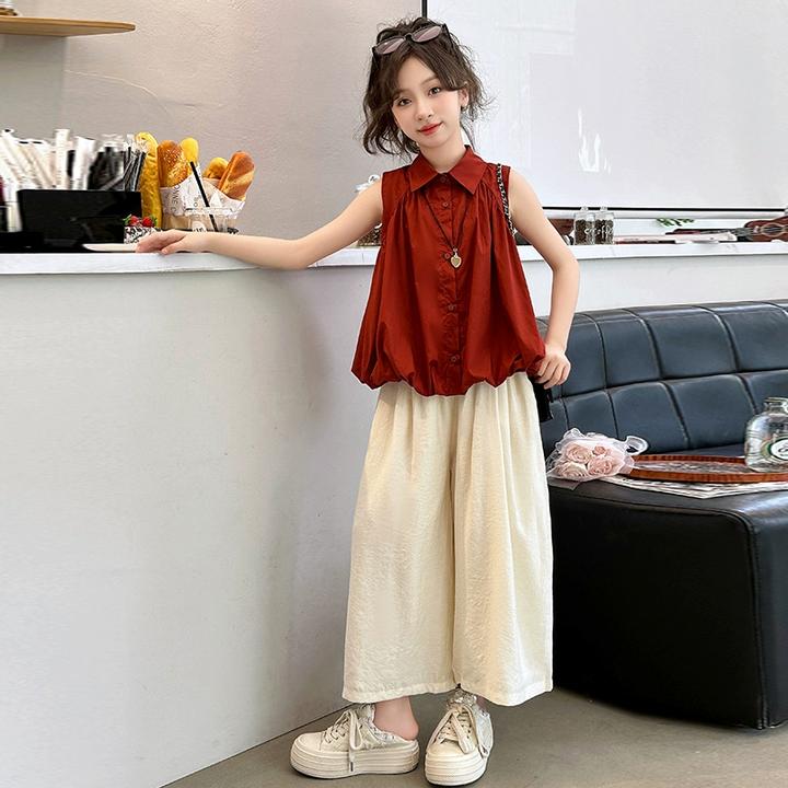 女童套装2025夏季儿童气质休闲衬衫领背心阔腿裤两件套中大童夏装