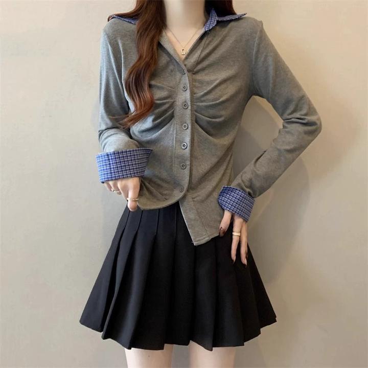 【新年穿搭】微胖妹妹大码设计感拼接V领衬衫女修身显瘦打底衫上衣