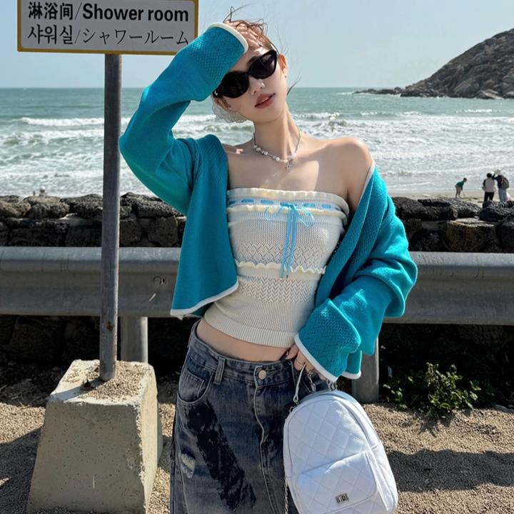 早春甜美法式设计感针织长袖开衫上衣女修身短款抹胸吊带背心套装