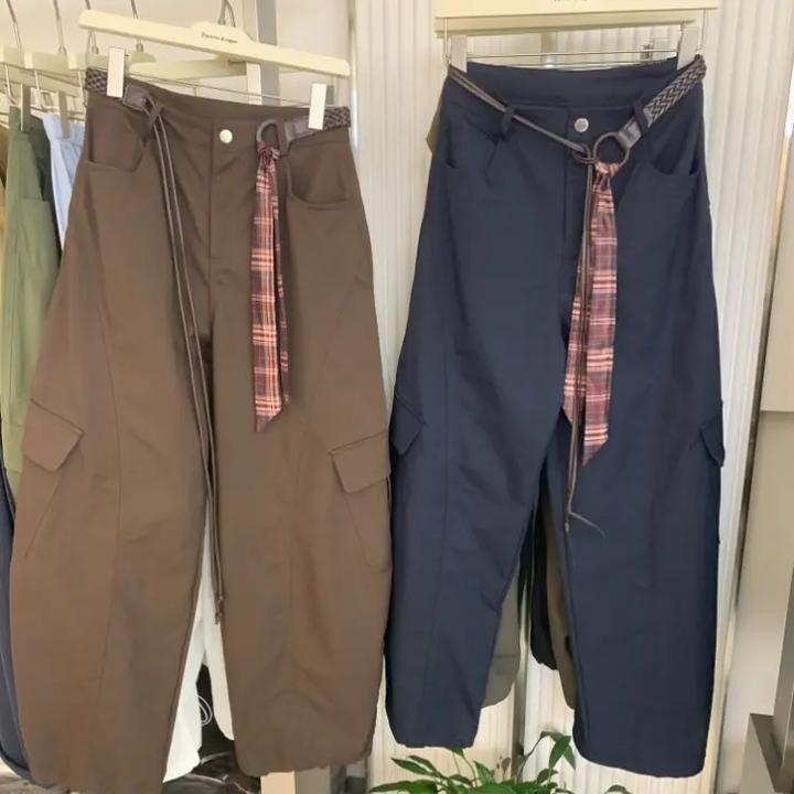 早秋新款韩系欧货腰带宽松阔腿高腰显瘦女工装长裤休闲百搭直筒裤