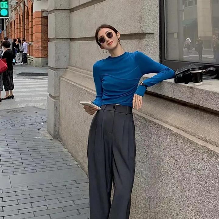 2025秋季新款韩系通勤穿搭长袖圆领针织衫上衣休闲阔腿裤两件套女