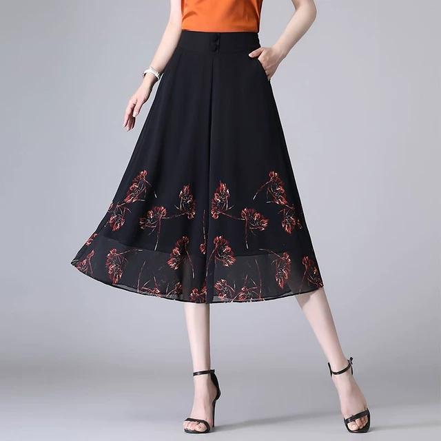 大码休闲阔腿裤女夏季薄款中老年妈妈宽松高腰垂感雪纺七分裤裙子