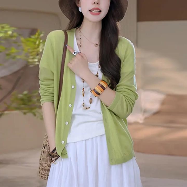 韩系极简风百搭V领单排扣针织开衫通勤百搭宽松显瘦纯色轻薄小衫