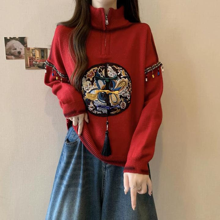 新年红色毛衣女秋冬大码高领针织打底衫胖mm显瘦中式国风刺绣上衣