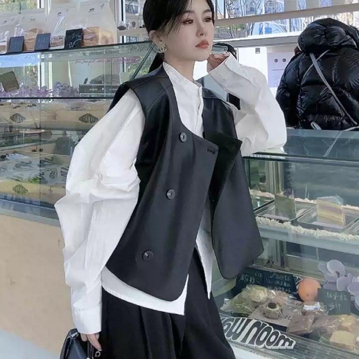 欧货黑色短款皮衣马甲外套女春季设计感时尚宽松无袖叠穿坎肩上衣