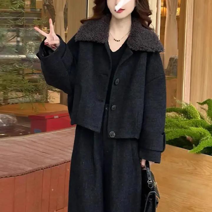 时尚休闲毛呢套装女2025冬季新款洋气毛毛领夹棉保暖外套阔腿裤潮