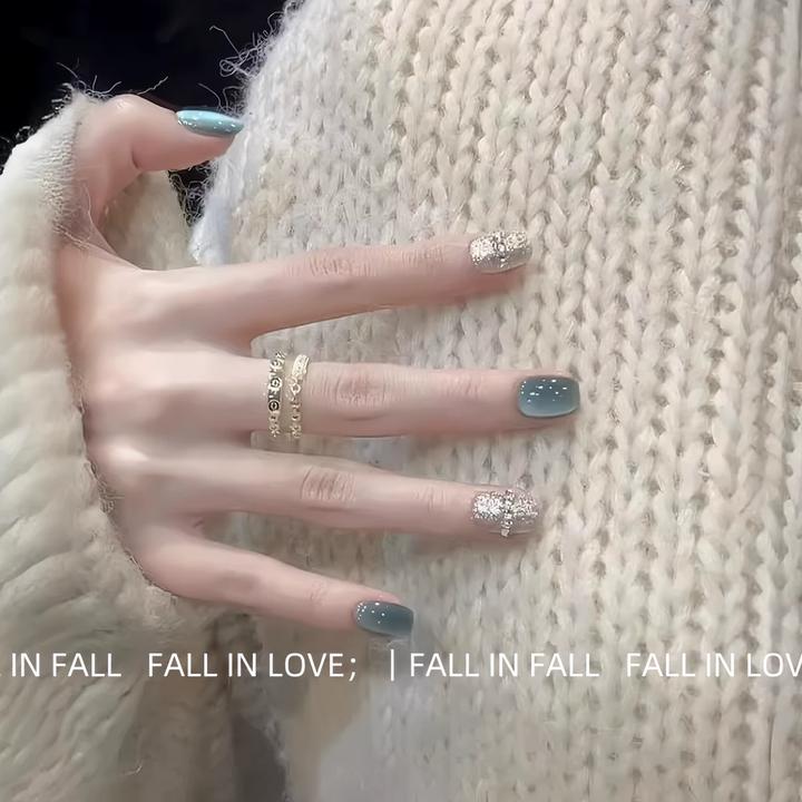 【尘砂之海】蓝色偏光丝绸猫眼清冷高级显白手工穿戴甲短款可拆卸