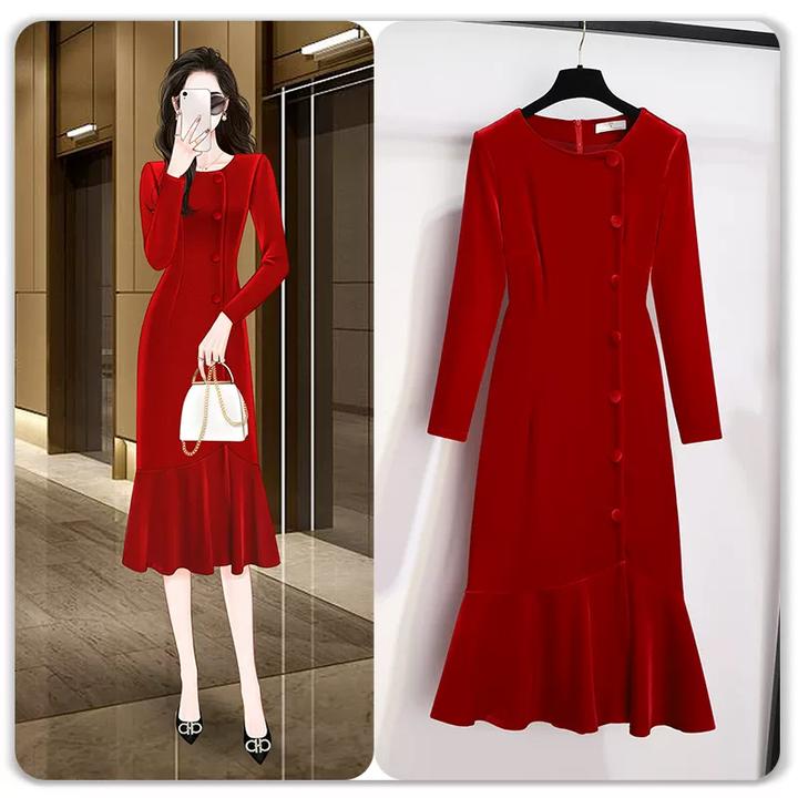 高端新年战袍气质红色丝绒连衣裙女2024冬季平时可穿订婚宴会礼服