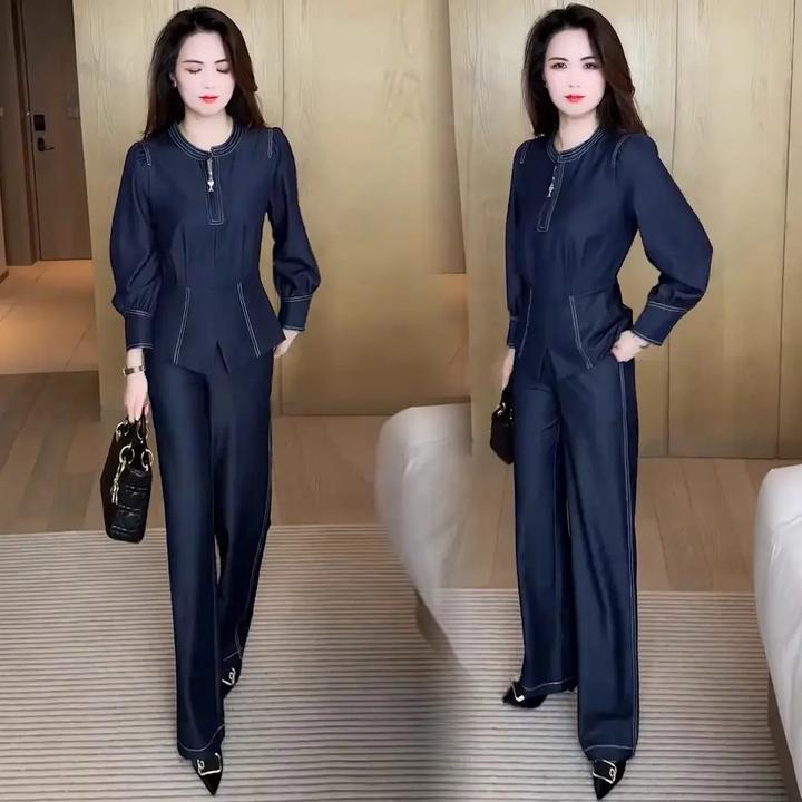 爆款时尚牛仔套装女2025春季新款洋气减龄圆领收腰上衣阔腿裤两