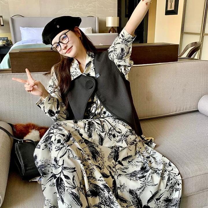 盘扣新中式连衣裙马甲套装女春秋2024年新款法式复古碎花衬衫长裙