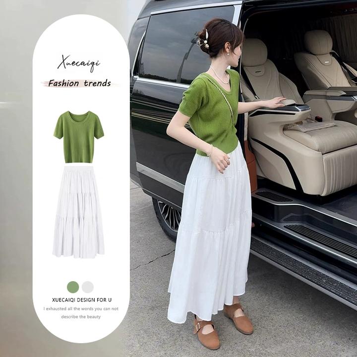 夏装搭配一整套大码微胖绿色透气薄款针织短袖t半身裙两件套女