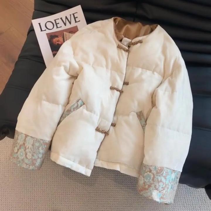 新中式国风盘扣圆领棉服女2024年冬季新款拼接保暖棉衣外套上衣