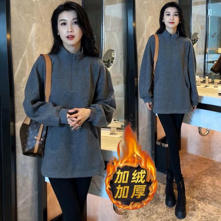 加绒加厚长袖卫衣女2024冬季新款洋气宽松中长款立领休闲上衣外套