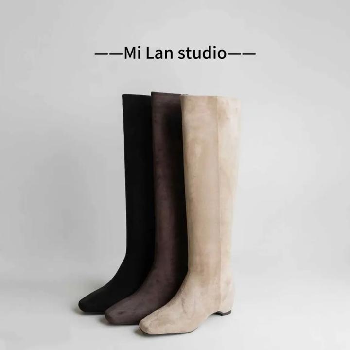 【奢品】法式极简显瘦增高5cm百搭时尚及膝靴～方头显腿直高筒长靴女